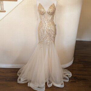 Champagne Gold Sequin Strapless Corset Side Slit Prom Formal Dress 4